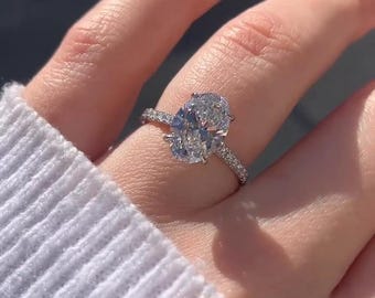 Oval Cut Moissanite Engagement Ring, Double Hidden Halo Pave Prong Setting, Anniversary Gift For Wife, Bridal Ring Set, Art Deco Design