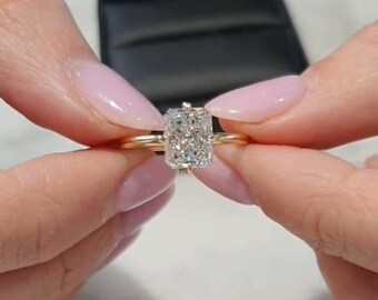 Radiant Cut Moissanite Engagement Ring, Compass Prong Set Solitaire Plain Gold Band, Prong Setting, Birthday Gift For Sister Or Mom Art Deco