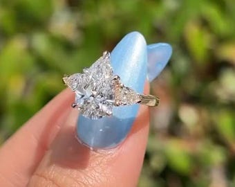 Three Stone 2.10 CT Pear Cut Moissanite Engagement Ring, Trilogy Set Diamond Ring, Anniversary Gift For Wife, Birthday Gift, Shank Cathedral