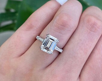 Three Stone Emerald Cut Engagement Ring, Side Stone Tapered Baguette, Trilogy Set Ring, Anniversary Gift For Wife, Shank Cathedral Art Deco