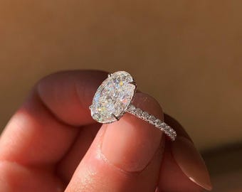 Oval Cut Hidden Halo 3/4 Eternity Pave Engagement Ring, Prong Setting With Straight Shank, Anniversary Gift For Wife, Vintage Ring Design