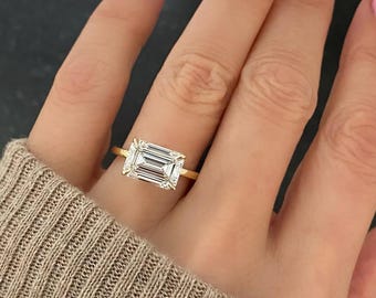 3.50 CT Emerald Cut Moissanite Engagement Ring, East West Horizontal Solitaire Plain Gold Band, Anniversary Gift For Wife, Art Deco Ring