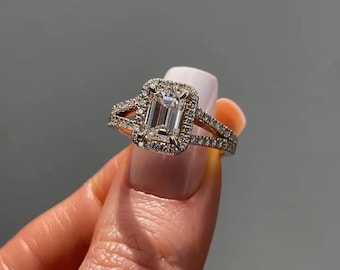 Emerald Cut Moissanite Engagement Ring, Halo Split Shank Pave Prong Setting, Minimalist Bridal Ring, Anniversary Gift For Wife, Art Deco