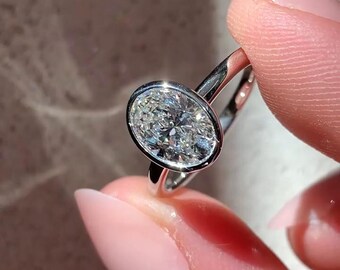 Oval Cut Moissanite Engagement Ring, Bezel Solitaire Open Gallery Plain Gold Band, Split Shank, Anniversary Gift For Wife, Art Deco Designs