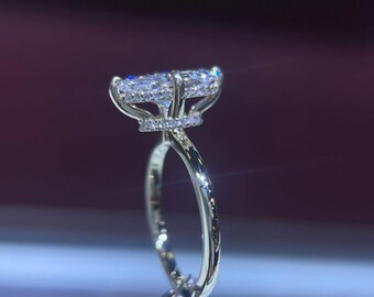 Marquise Cut Moissanite Engagement Ring, Double Hidden Halo Wedding Ring, Plain Gold Band, Anniversary Gift For Wife, Art Deco Designs