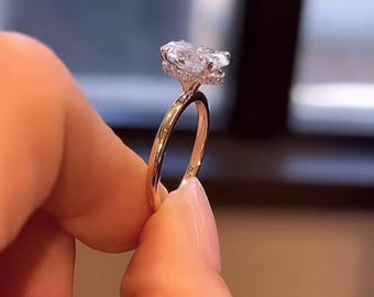 2 CT Hidden Halo Oval Cut Solitaire Engagement Ring, Two Tone Solid Gold Diamond, Birthday Gift For Wife Or Girlfriend, Pave Prong Setting