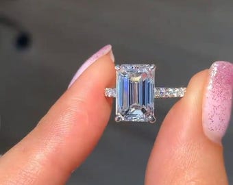 Emerald Cut Solitaire Engagement Ring, Accent Diamond Set, Pave Prong Setting, Straight Shank, Anniversary Gift For Girlfriend, Unique Rings