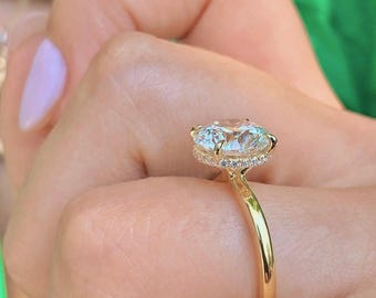 Hidden Halo Round Cut Solitaire Wedding Anniversary Ring For bride, Pave Prong Set, Diamond Ring For Mom, Birthday Gift, 14k Yellow Gold