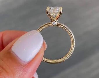 Oval Cut Moissanite Hidden Halo Ring, 14k Yellow Gold Pave Bezel Solitaire