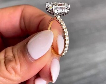 Elongated Cushion Cut Solitaire Engagement Ring, Hidden Halo Two Tone Pave Prong Set, Birthday Gift For Wife, Wedding Ring For Bride