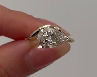 East West Pear Shaped Solitaire Engagement Ring, Teardrop Diamond Ring, Prong Pave Cluster Set, Anniversary Gift For Wife, Birthday Gift