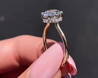 Round Cut Hidden Halo 3 CT Wedding Anniversary Ring, Open Gallery Solitaire Pave Prong Set, Anniversary Gift For Mom, Bridal Jewelry