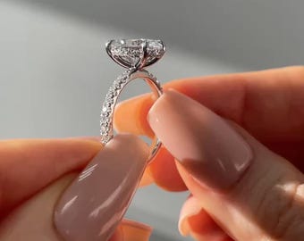 Oval Cut Hidden Halo Engagement Ring, Pave Prong Setting With Straight Shank, Anniversary Gift For Wife, 14k White Gold, Birthday Gift