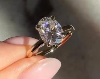 Oval Cut Moissanite Engagement Ring, Solitaire Plain Gold Band, Wedding Gift For Wife 14k Yellow Gold Ring, Unique Designs, Art Deco Diamond