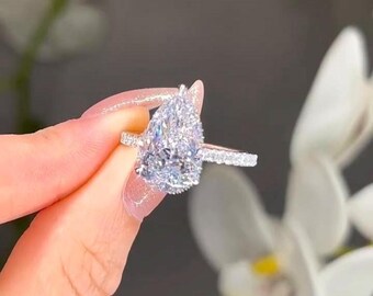 Pear Cut Hidden Halo Engagement Ring, 14k Solid White Gold, Vintage Diamond, Birthday Gift, Bridal Ring Set, Straight Shank, Art Deco