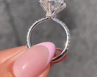 Round Cut Hidden Halo Solitaire Engagement Ring, 14k Solid White Gold, Straight Shank With Pave Prong, Anniversary Gift For Wife, Art Deco