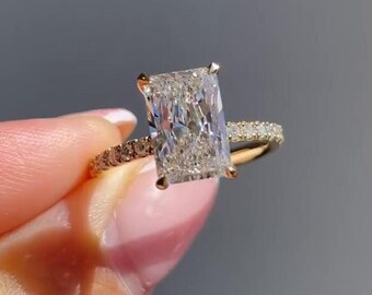 Radiant Cut Moissanite Engagement Ring, Hidden Halo Pave, 14k Yellow Gold, Anniversary Gift