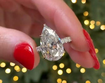 6 CT Pear Shape Moissanite Engagement Ring, Hidden Halo Pave Prong Setting, Big Diamond Knife Edge Ring, Anniversary Gift For Wife, Art Deco