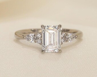 Emerald Cut Three Stone Moissanite Engagement Ring, Cluster Prong Setting, Anniversary Gift For Wife, Birthday Gift To Mom, Knife Edge Shank