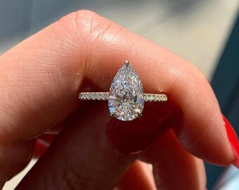 2 CT Pear Cut Moissanite Engagement Ring, Hidden Halo 14k Solid Yellow Gold, Wedding Anniversary Gift For Wife, Shank Cathedral, Art Deco