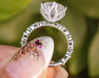 Tulip Setting Round Cut Moissanite Engagement Ring, 14k White Gold Diamond, Wedding Anniversary Gift For Wife, Unique Designs, Art Deco