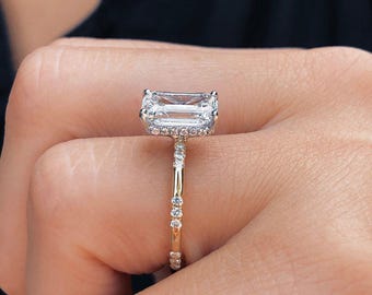Hidden Halo Emerald Cut Solitaire Engagement Ring, Distance Diamond Pave Prong Setting, Straight Shank, Anniversary Gift For Wife, Art Deco