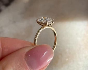 Radiant Cut Hidden Halo Engagement Ring, Solitaire Plain Gold Band With Pave Prong Setting, Anniversary Gift For Wife, Vintage Ring Design