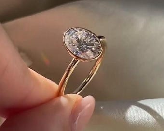 Oval Cut Bezel Solitaire Engagement Ring, Straight Shank With Bezel Setting, Anniversary Gift For Wife, Art Deco Design, Birthday Gifts