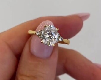 Three Stone Oval Moissanite Engagement Ring, Marquise Side Stones, Cathedral Setting