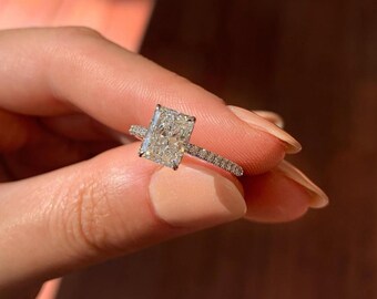 Hidden Halo Radiant Cut Moissanite Engagement Ring, 14k White Gold Diamond Ring, Anniversary Gift For Wife, Art Deco Straight Shank