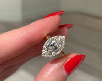 3CT Marquise Cut Moissanite Engagement Ring For Women, 14k Solid Gold Anniversary Gift For Wife, Halo Pave Prong Setting With Straight Shank