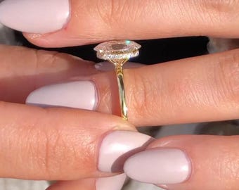 Oval Cut Hidden Halo Moissanite Engagement Ring, Anniversary Gift For Wife, Birthday Gift, Pave Prong Setting, Art Deco, Diamond Ring For Me