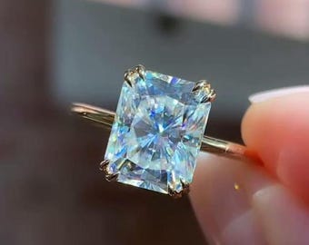 Radiant Cut Moissanite Engagement Ring, Solitaire Plain Gold Band Prong Setting, Straight Shank, Anniversary Gift For Wife, Birthday Gift