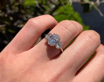 Oval Cut Three Stone Engagement Ring, Trilogy Diamond Set Ring, Prong Setting With Shank Cathedral, Anniversary Gift For Wife, Art Deco