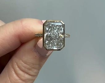 Radiant Cut Moissanite Engagement Ring 4.50CT Bezel Set Pave Eternity Band Solitaire 14k Yellow Gold Open Gallery Bridal Wedding Jewelry