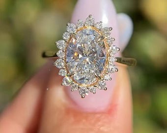 Oval Cut Moissanite Halo Engagement Ring, Art Deco Cluster Setting, Diamond Alternative Wedding Band