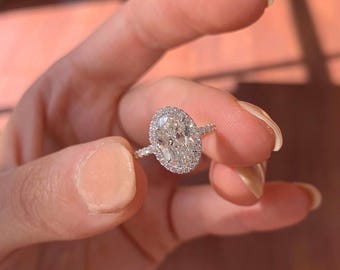Oval Cut Halo Half Eternity Engagement Ring, pave Prong Setting, Anniversary Gift For Wife, Art Deco Design, Birthday Gift, 14k White Gold