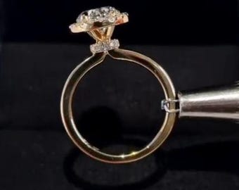 2 CT Oval Cut Moissanite Engagement Ring, Hidden Halo Vintage Pave Setting, Birthday Gift, Ring For Women, 14k Solid Yellow Gold, Art Deco