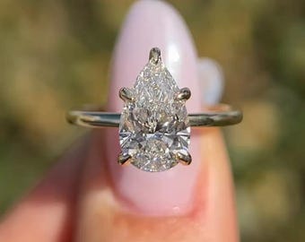 Pear Cut Hidden Halo Solitaire Wedding Engagement Ring, Plain Gold Band, Prong Pave Setting, Birthday Gift For Wife, Vintage Diamond Ring