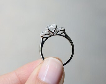 Round Cut Tulip Set Engagement Ring, Three Stone Diamond Trilogy Set Ring Anniversary Gift For Wife, Art Deco Designs, Wedding Ring For Her