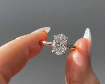 Oval Cut Moissanite Engagement Ring, Hidden Halo Solitaire Two Tone Plain Gold Band, Anniversary Gift For Wife, Pave Prong Setting, Art Deco