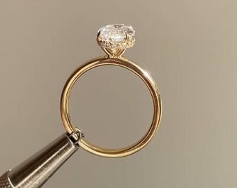 2 CT Oval Cut Hidden Halo Solitaire Engagement Ring, Plain Gold Band, Pave Prong Setting, Anniversary Gift For Wife, Birthday Ring, Art Deco