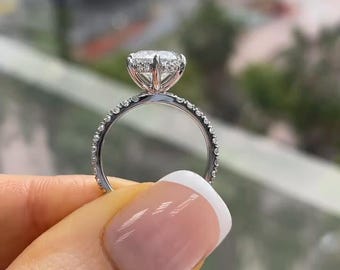 Hidden Halo Round Cut Moissanite Engagement Ring, Classic 6 Prong Set, Straight Shank, Anniversary Gift For Wife, 14k White Gold, Art Deco