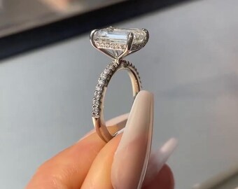 Emerald Cut Moissanite Engagement Ring, Hidden Halo Pave Eternity Prong Setting, Anniversary Gift For Wife, Straight Shank, Birthday Gift