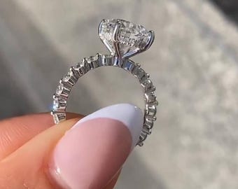 3 CT Round Cut Hidden Halo Moissanite Engagement Ring, Pave Eternity Prong Setting With Straight Shank, Anniversary Gift For Wife Or Sister
