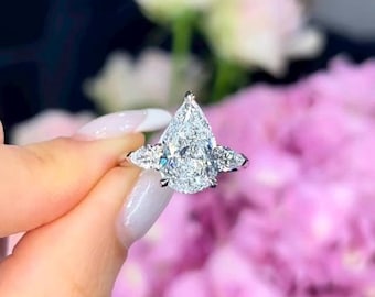 Three Stone Pear Cut Moissanite Engagement Ring, 14k White Gold Trilogy Bridal Ring