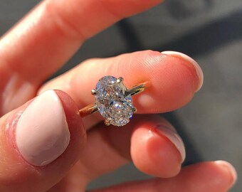 Oval Cut Moissanite Engagement Ring, 14k Yellow Gold Plain Band, Pave Prong Solitaire With Straight Shank, Anniversary Gift For Wife