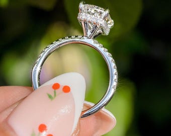 2.50 CT Radiant Cut Solitaire Engagement Ring, Hidden Halo Pave Prong Setting, 14k Solid White Ring, Anniversary Gift For Wife, Art Deco