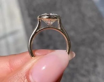 Bezel Set 3 CT Round Cut Moissanite Engagement Ring, Shank Cathedral Solitaire Diamond, Birthday Gift For Women, Unique Ring Design For Girl