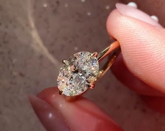 Oval Cut Hidden Halo East West Solitaire Engagement Ring, Anniversary Gift For Wife, Art Deco Designs, Birthday Gift, 14k Solid Yellow Gold